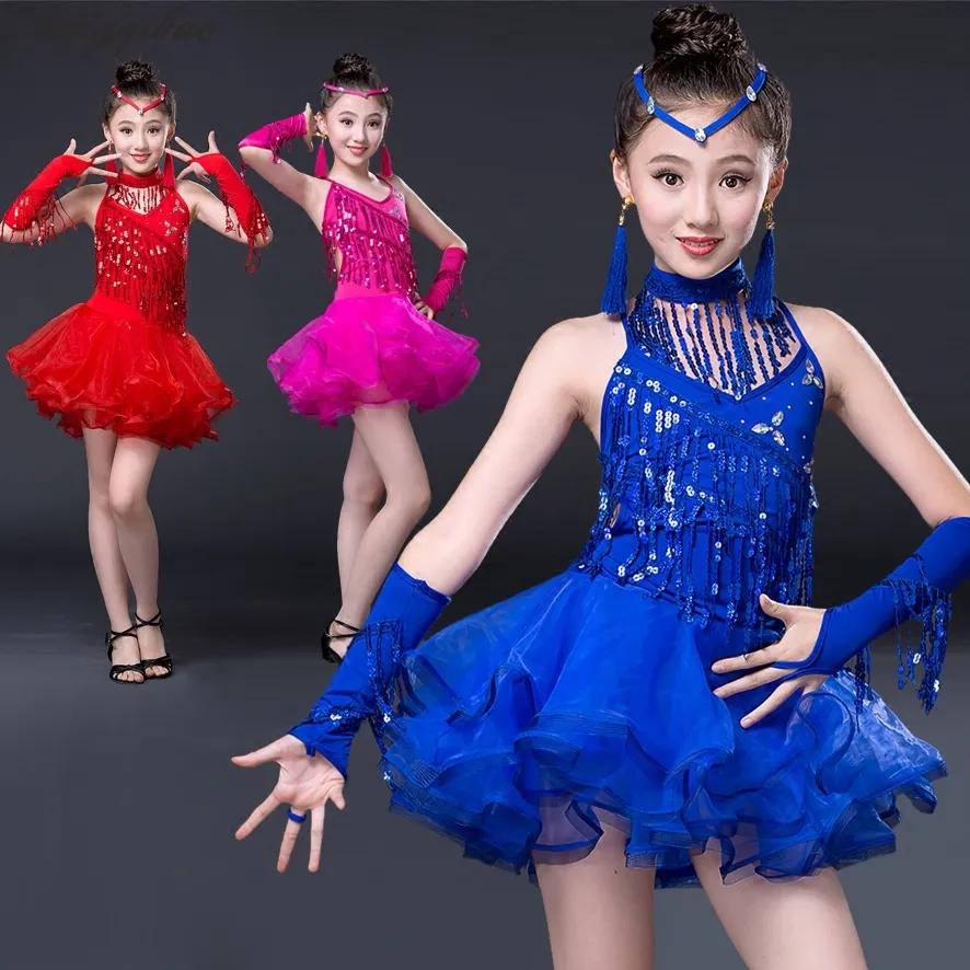 새로운 어린이 라틴 댄스 드레스 소녀 스팽글 라틴 댄스 원사 스커트 프린지 핫 드릴링 댄스 드레스 TB14